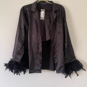 Boohoo Black Satin Feather Pajama Set